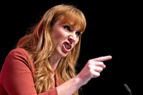 Getty Images Angela Rayner, deputy leader of the Labour Party speaks on the final day of the Labour Party Conference on 28 September 2022 in Liverpool.