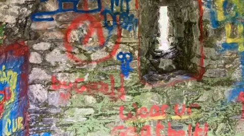 Cadw Multi-coloured graffiti painted on and covering most of the medieval masonry of the under croft at St Davids Bishop's Palace in Pembrokeshire.