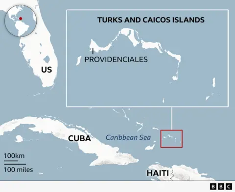 A map showing the location of Turks and Caicos
