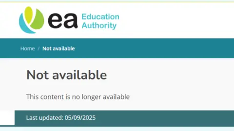 EA Website A screenshot of the EA's website which is supposed to link to a transgender pupil guidance hub now shows: 'Not available. This content is no longer available. Last updated 05/09/2025'.