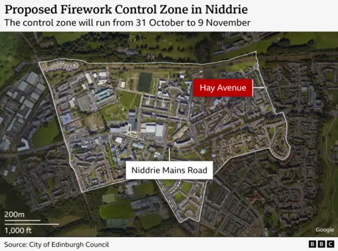 A map of the proposed Firework Control Zone in Niddrie. Niddrie Mains Road is highlighted as well as Hay Avenue. 