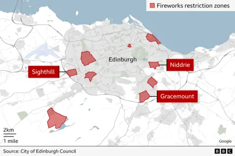 A map of Edinburgh with red areas highlighted to show the firework control zones. 