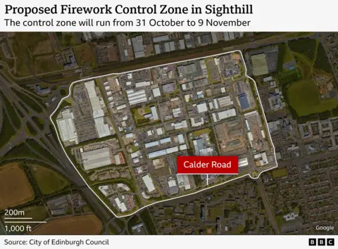A map of the proposed Firework Control Zone in Sighthill. Calder Road is highlighted.