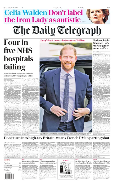 The headline on the front page of Daily Telegraph reads: "Four in five NHS hospitals failing". 