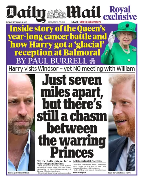 The headline on the front page of the Daily Mail reads: "Just seven miles apart, but there's still a chasm between the warring Princes". 