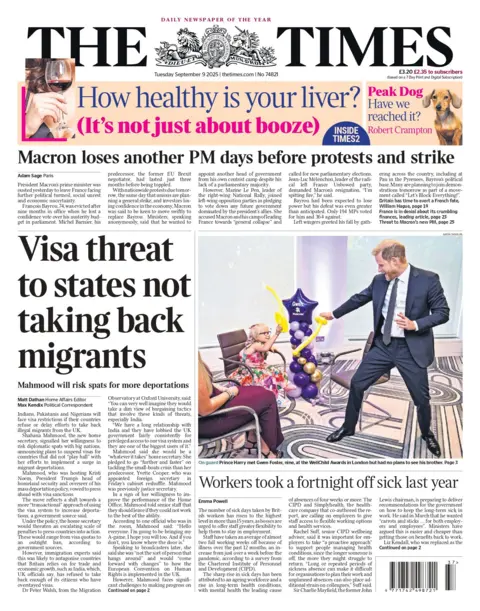 The headline on the front page of the Times reads: "Visa threat to states not taking back migrants". 