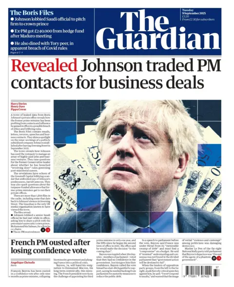 The headline on the front page of the Guardian reads: "Revealed: Johnson traded PM contacts for business deals". 
