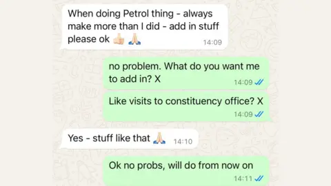 A screengrab of text messages. The first says "When doing petrol thing - always make more than I did - add in stuff please OK." The second and third say: "No problem. What do you want me to add in? Like visits to constituency office?" A third message yes: "Yes - stuff like that". A fourth message says: "Ok no probs, will do from now on."