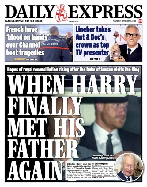 The headline on the front page of the Express reads: “When Harry finally met his father again”.