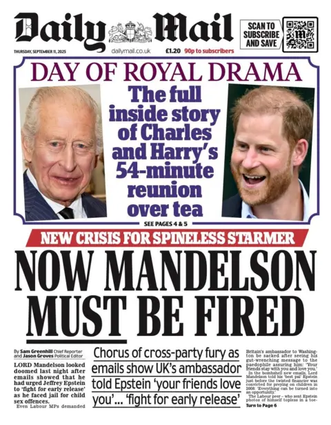 The headline on the front page of the Mail reads: “Now Mandelson must be fired”.