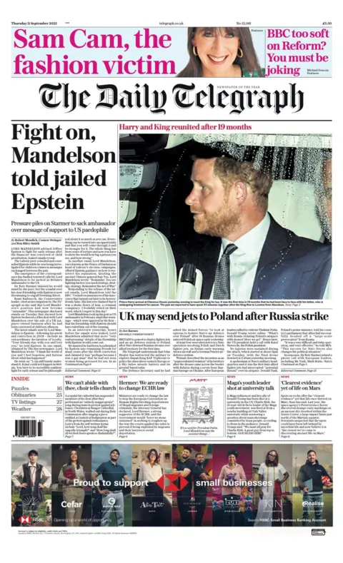 The headline on the front page of the Telegraph reads: “Fight on, Mandelson told jailed Epstein”.