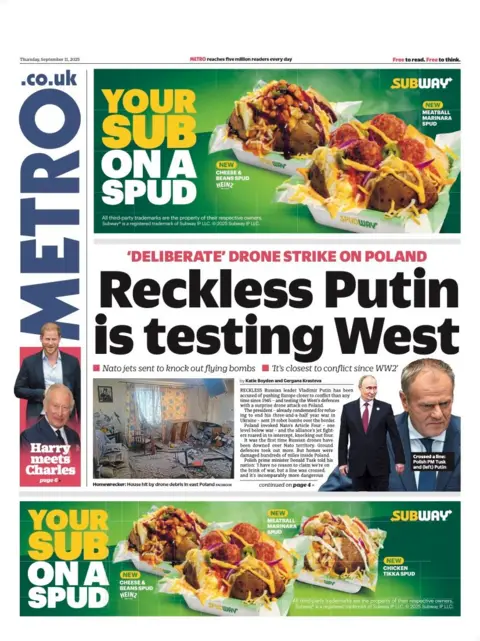 The headline on the front page of the Metro reads: “Reckless Putin is testing West”.