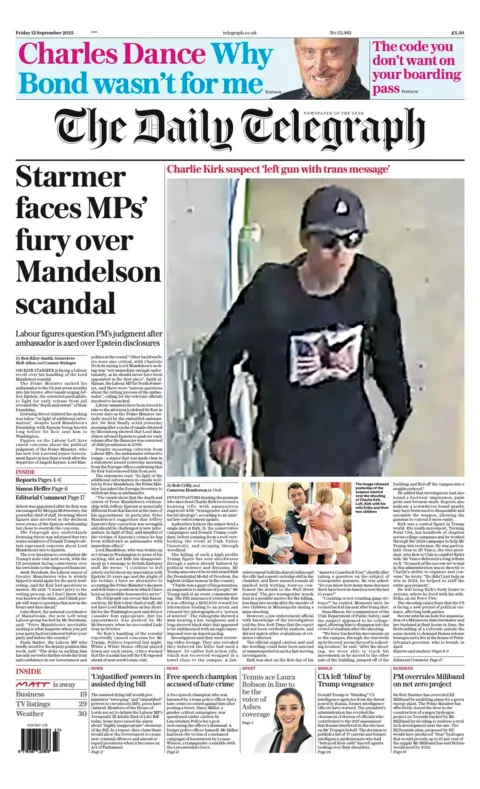 The headline on the front page of the Telegraph reads: “Starmer faces MPs' fury over Mandelson scandal”.