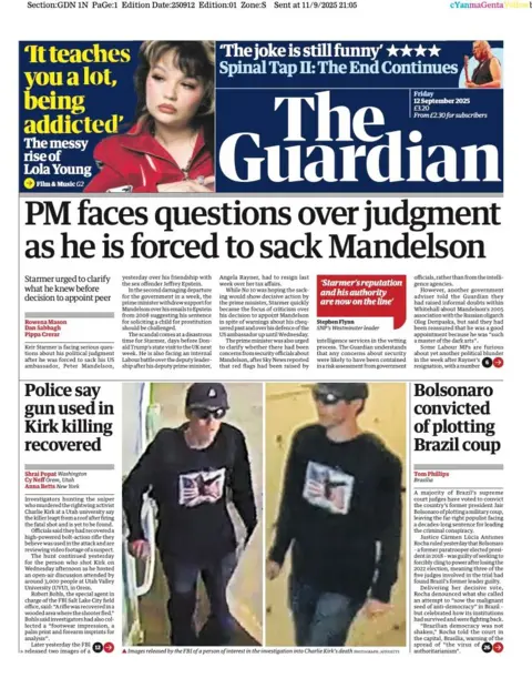 The headline on the front page of the Guardian reads: “PM faces questions over judgement as his is forced to sack Mandelson”.