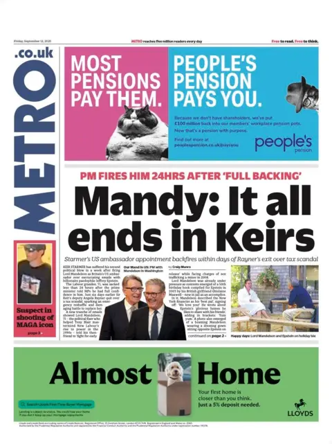 The headline on the front page of the Metro reads: "Mandy: It all ends in Keirs".