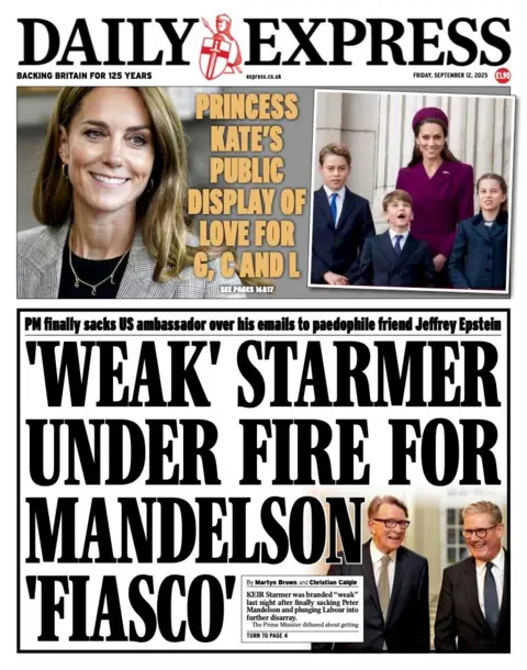 The headline on the front page of the Express reads: "'Weak' Starmer under fire for Mandelson 'fiasco'".