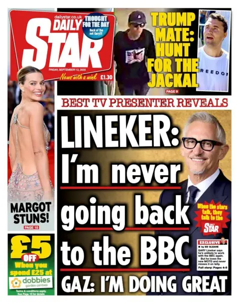 The headline on the front page of the Star reads: "Lineker: I'm never going back to the BBC".
