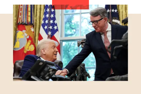 REUTERS/Leah Millis Donald Trump shaking hands with Britain's then ambassador to the United States, Peter Mandelson after announcing a trade deal with the U.K., in the Oval Office at the White House in May.