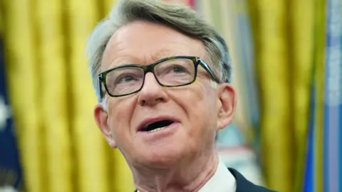 EPA-EFE/Shutterstock A close-up image of a man, Peter Mandelson, wearing glasses with grey hair in a quip, his mouth open while talking in front of gold curtains.