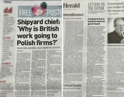 A composite image with page from the Herald newspaper from 2005. On the left there is an article under the headline Shipyard chief: why is British work going to Polish firms and on the right is a letter under the headline A shipyard that is being let down by the government