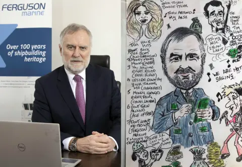 A composite image showing a bearded, grey-haired man wearing a dark suit and tie in the left of the picture, and on the right a cartoon of the same man, his pockets stuffed with money. 