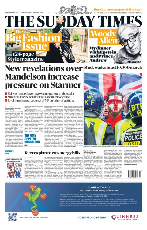 The headline on the front page of the Sunday Times reads: "New revelations over Mandelson increase pressure on Starmer". 