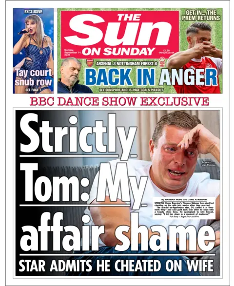 The headline on the front page of the Sun reads: "Strictly Tom: My affair shame". 