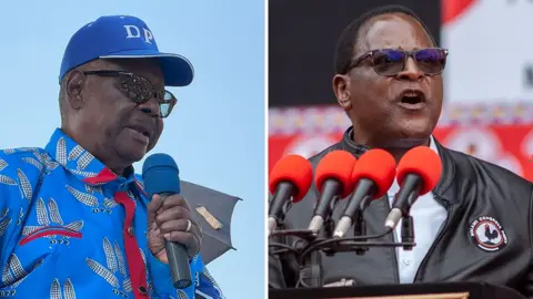BBC / AFP via Getty Images A composite photo showing Peter Mutharika on the left - in a blue cap and blue shirt decorated with maize cobs - and Lazarus Chakwera on the right - in a black jacket with his party's crest. Both men are speaking at rallies.