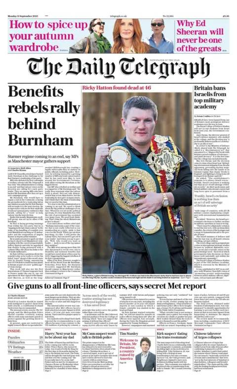 The Telegraph's main headline is 'Benefits rebels rally behind Burnham'