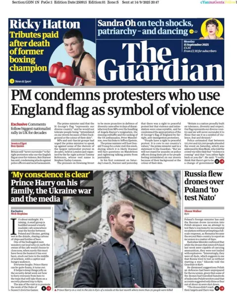 The Guardian's lead headline is "PM condemns protesters who use England flag as symbol of violence". 