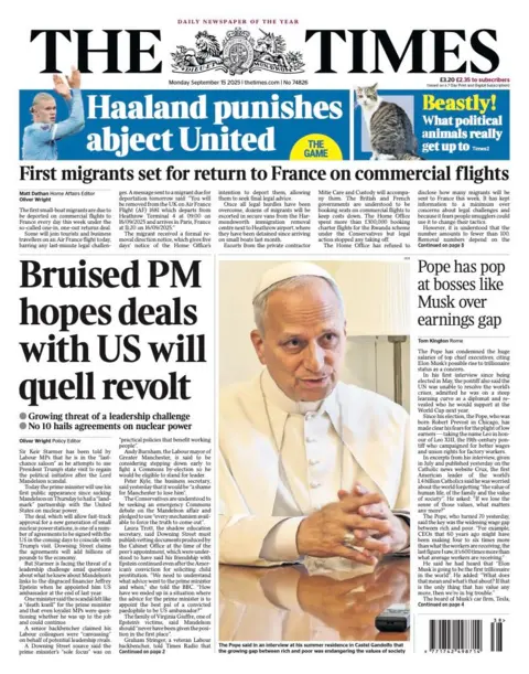 The Times' lead headline is "Bruised PM hopes deals with US will quell revolt". 