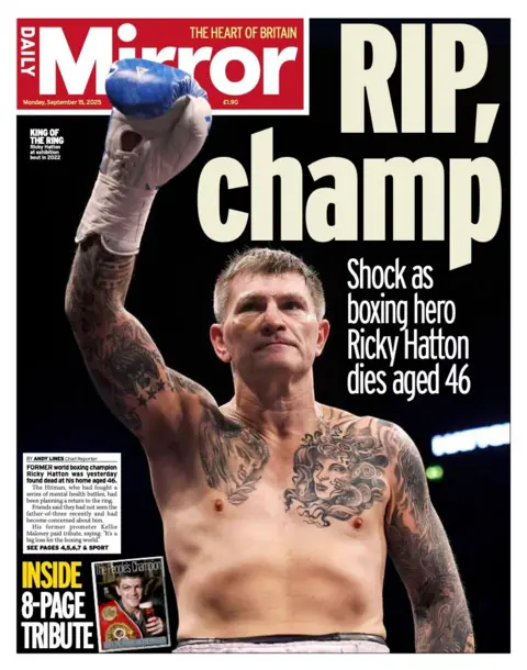 The Mirror's lead headline is "RIP, champ"