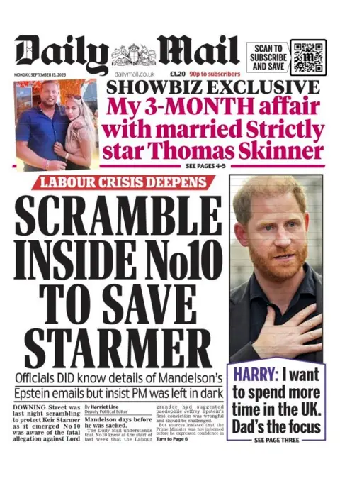 The Daily Mail's lead headline is "scramble inside No 10 to save Starmer". 