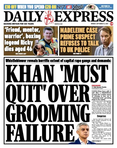 The Express's lead headline is "Khan 'must quit' over grooming failure'