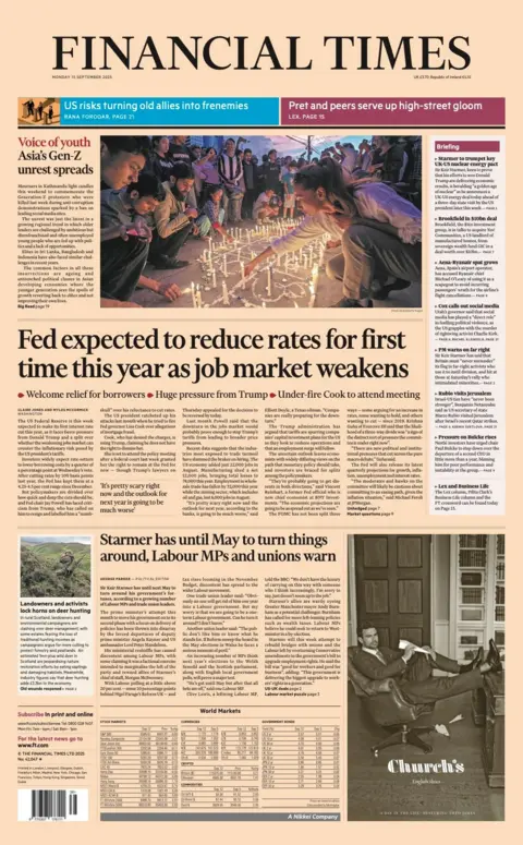 The FT's lead headline is "Fed expected to reduce rates for first time this year as job market weakens"