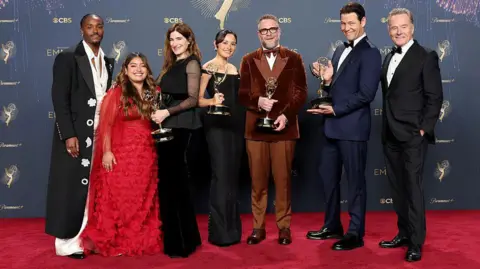 Getty Images Dewayne Perkins, Keyla Monterroso Mejia, Kathryn Hahn, Chase Sui Wonders, Seth Rogen, Ike Barinholtz and Bryan Cranston, winners of Outstanding Comedy Series, Outstanding Writing For a Comedy Series, Lead Actor in a Comedy Series, and Outstanding Guest Actor in a Comedy Series, pose in the press room during the 77th Primetime Emmy Awards at Peacock Theater 