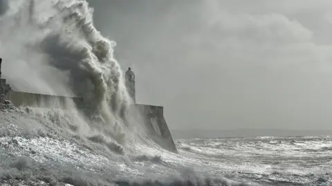 BBC Weather Watcher An image in Porthcawl, Bridgend, of the high winds causing rough seas