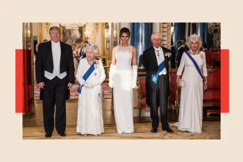 Jeff Gilbert - WPA Pool/Getty Images President Donald Trump (far left), Queen Elizabeth II, First Lady Melania Trump, Prince Charles Prince of Wales and Camilla Duchess of Cornwall attend a State Banquet at Buckingham Palace on June 3, 2019 in London