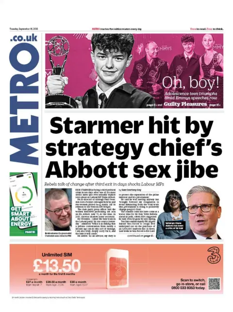 The headline on the front page of the Metro reads: “Starmer hit by strategy chief's Abbott sex jibe".