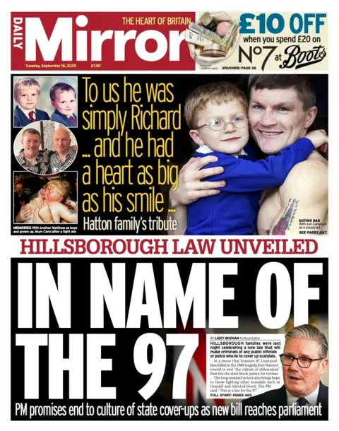 The headline on the front page of the Mirror reads: "In the name of 97".