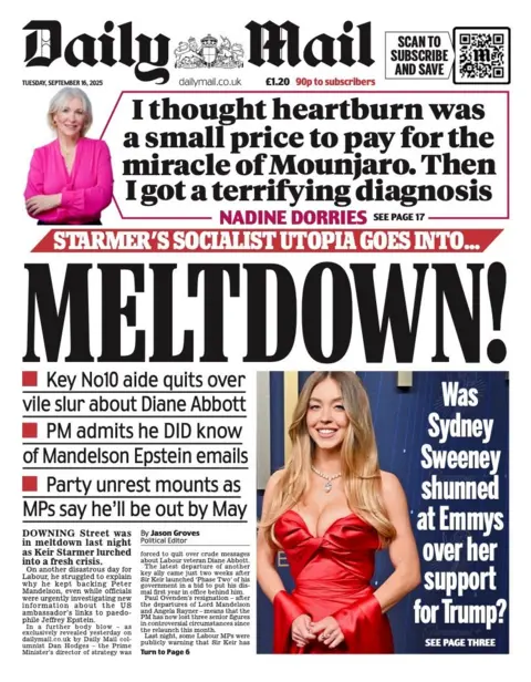 The headline on the front page of the Mail reads: "Meltdown!".