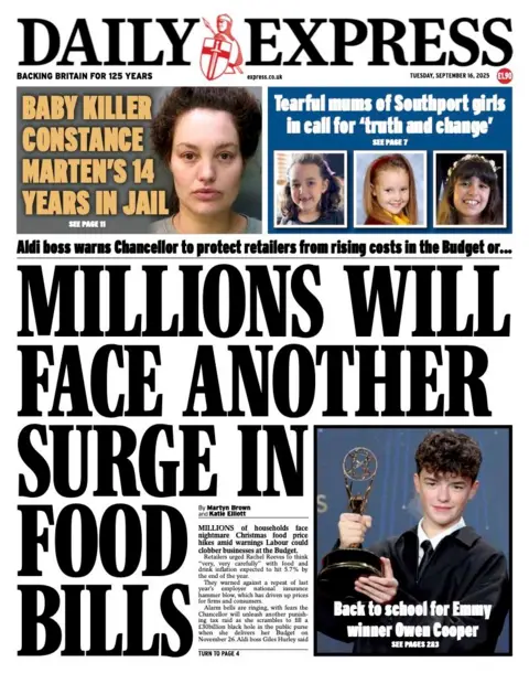The headline on the front page of the Express reads: "Millions will face another surge in food bills".