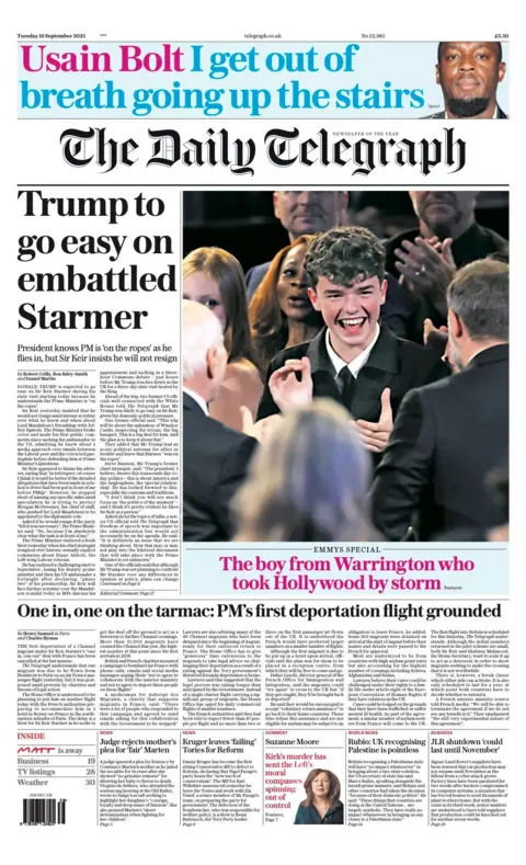 The headline on the front page of the Telegraph reads: "Trump to go easy on embattled Starmer".