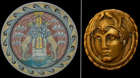 Bank of England Museum Composite image showing a mosaic depicting two lions protecting a column of gold on the left and a close-up of a metal doorknob featuring the head of Roman God Mercury