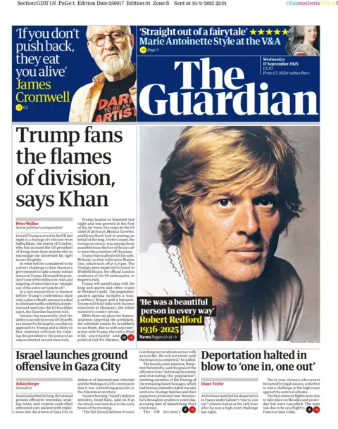 "Trump fans the flames of division, says Khan" reads the headline on the front page of The Guardian.