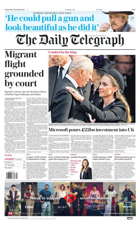 "Migrant flight grounded by court" reads the headline on the front page of The Daily Telegraph.
