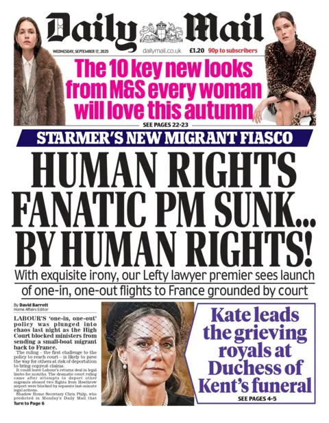 "Human rights fanatic PM sunk... by human rights!" reads the headline on the front page of The Daily Mail. 