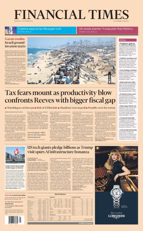"Tax fears mount as productivity blow confronts Reeves with bigger fiscal gap" reads the headline on the front page of the Financial Times.
