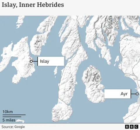 A map showing part of the west of Scotland and the locations of Islay and Ayr.