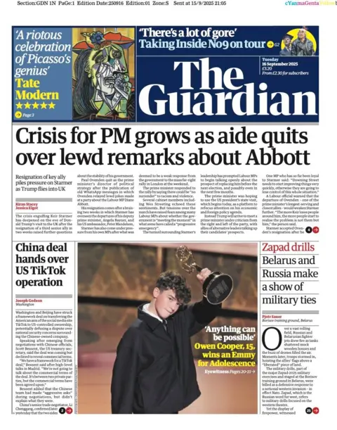 The headline on the front page of the Guardian reads: “Crisis for PM grows as aide quits over lewd remarks about Abbott”.